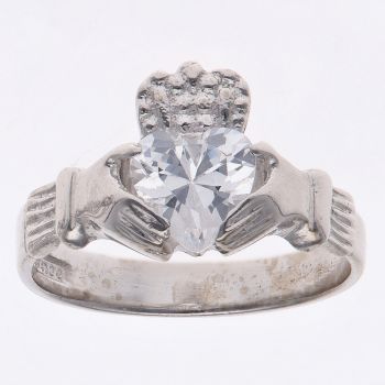 14ct White Gold Cubic Zirconia Patterned Claddagh Ring