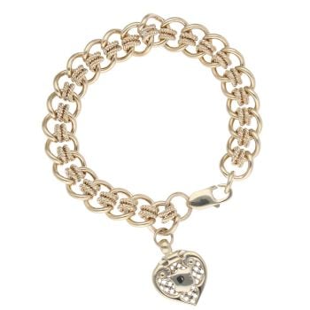9ct Yellow Gold Patterned and Plain Heart Charm Bracelet 8"