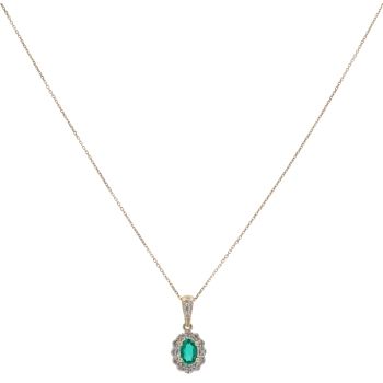 9ct Yellow Gold 0.10ct Diamond and Created Emerald Cluster Pendant and Chain 18"