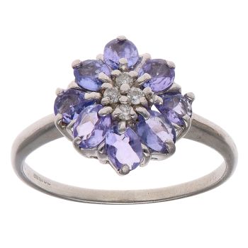 9ct White Gold 0.05ct Diamond and Tanzanite Cluster Ring
