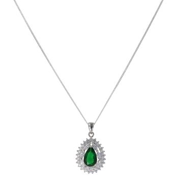 Silver Cubic Zirconia and Green Gemstone Cluster Pendant and Chain 18" By Icesia