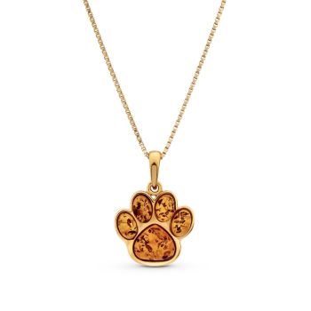 18ct Gold on Sterling Silver Baltic Amber Animal Dog Paw Print Pendant Necklace