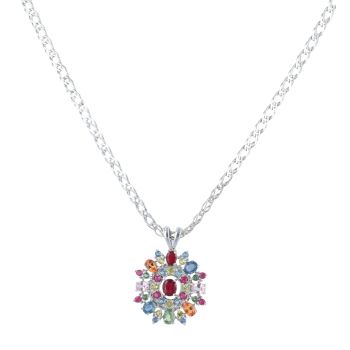 9ct White Gold Multi Gemstone Cluster Pendant and Chain 20"