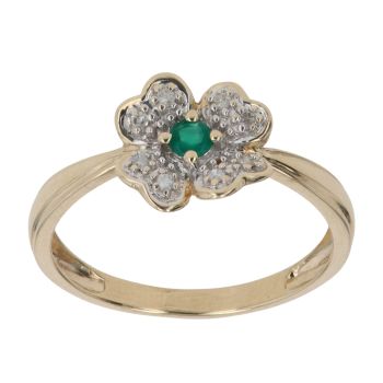 9ct Yellow Gold 0.05ct Brilliant Cut Diamond and Green Gemstone Flower Ring