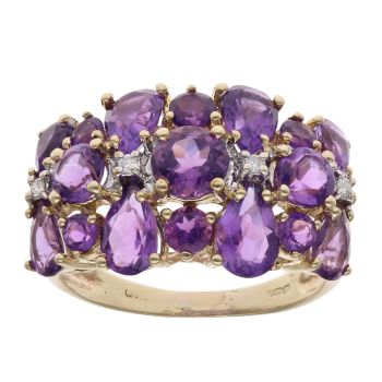 9ct Yellow Gold 0.04ct Diamond And Amethyst Cluster Ring