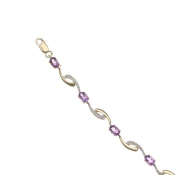 9ct Yellow Gold 0.05ct Single Cut Diamond and Amethyst Bracelet 8"