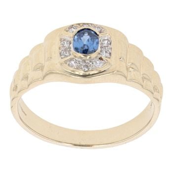 9ct Yellow Gold Cubic Zirconia and Sapphire Patterned Signet Ring