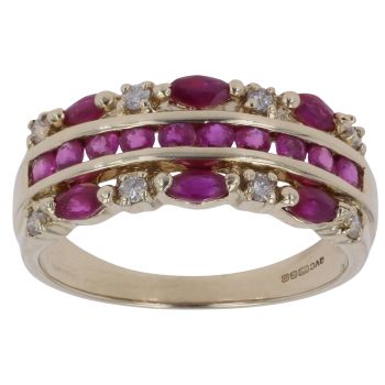 9ct Yellow Gold 0.10ct Diamond and Ruby Three Row Ring