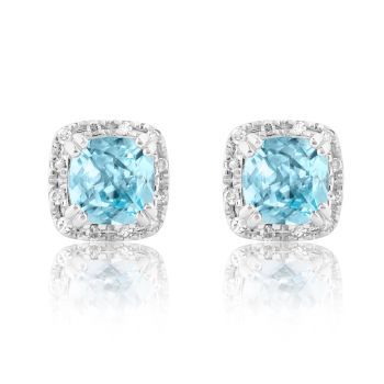 Silver Platinum Plated Sky Blue Topaz Cushion Diamond Halo Stud Earrings