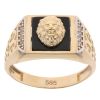 14ct Yellow and White Gold Cubic Zirconia and Black Enamel Lion Head Patterned Square Signet Ring