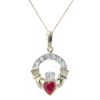 9ct Yellow Gold Cubic Zirconia And Created Ruby Claddagh Pendant And Chain 18"