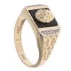 14ct Yellow and White Gold Cubic Zirconia and Black Enamel Lion Head Patterned Square Signet Ring