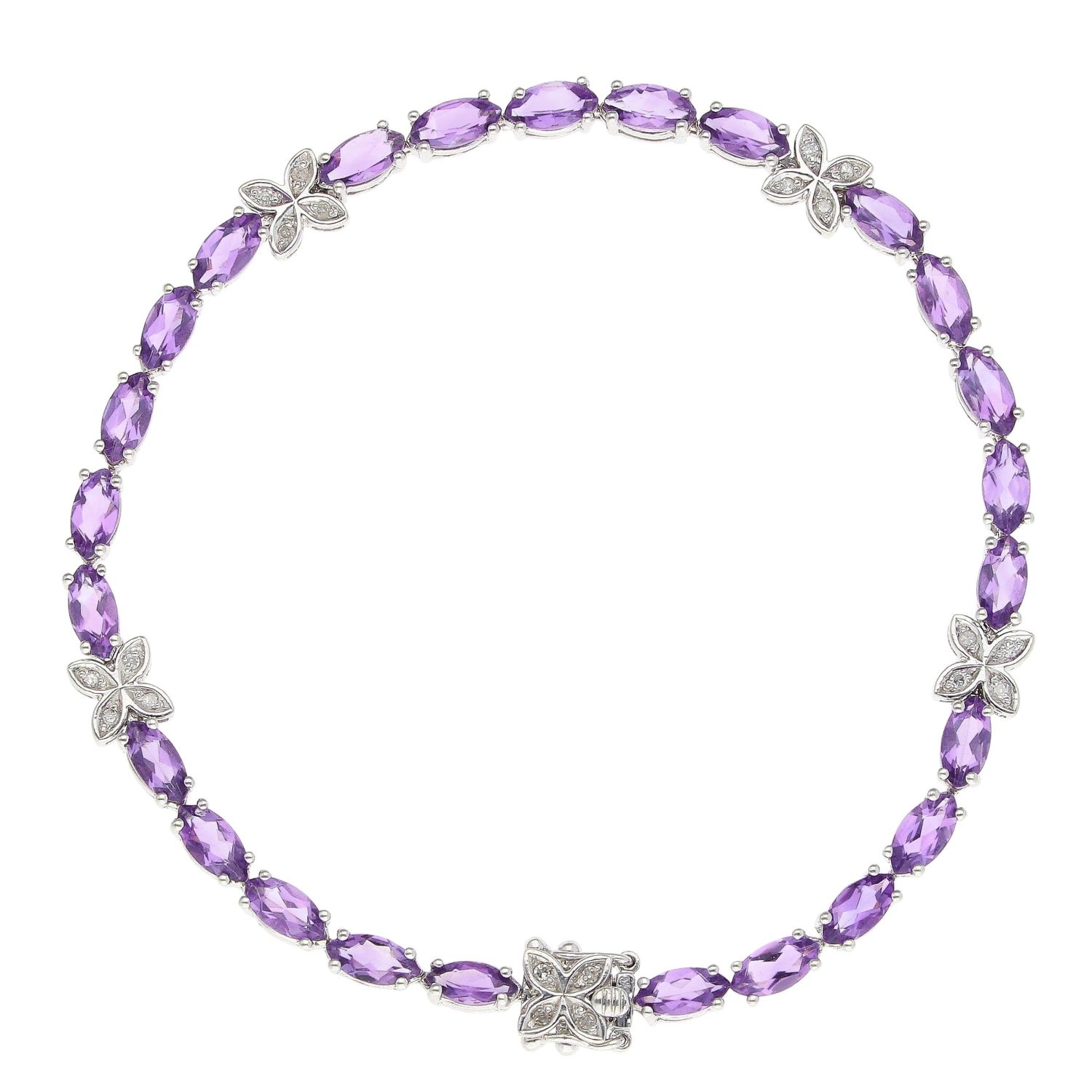 9ct White Gold Brilliant Cut Diamond And Amethyst Bracelet