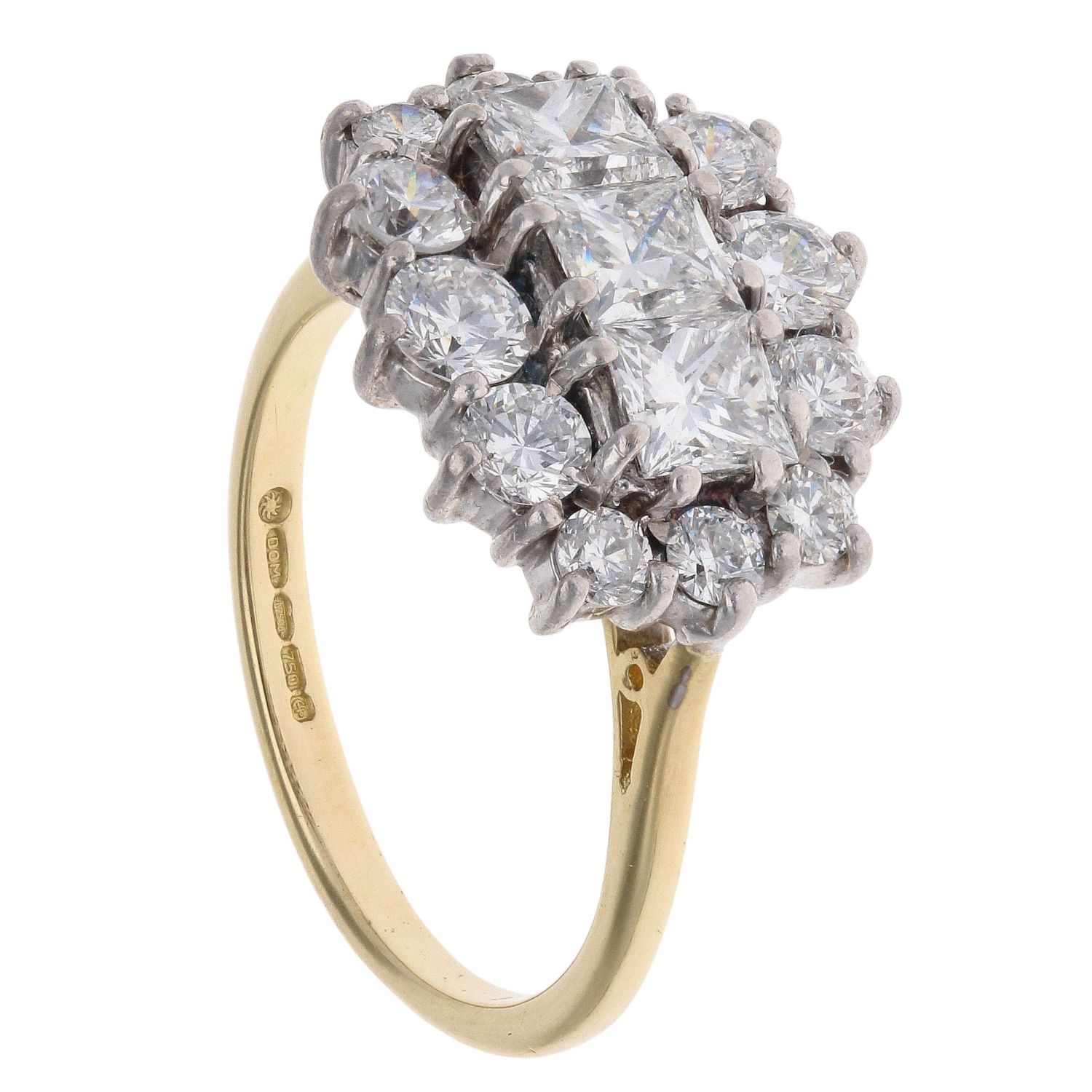 18ct Yellow Gold 2.00ct Brilliant And Princess Cut Diamond Cluster Ring ...
