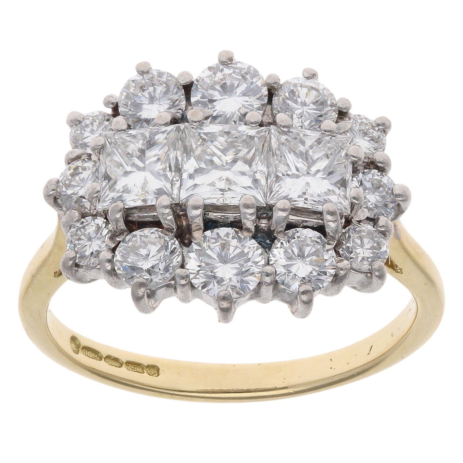 18ct Yellow Gold 2.00ct Brilliant And Princess Cut Diamond Cluster Ring ...