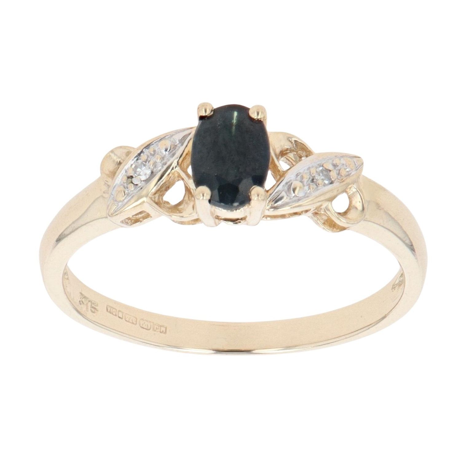 9ct Yellow Gold Sapphire and 0.02ct Diamond Three Stone Ring