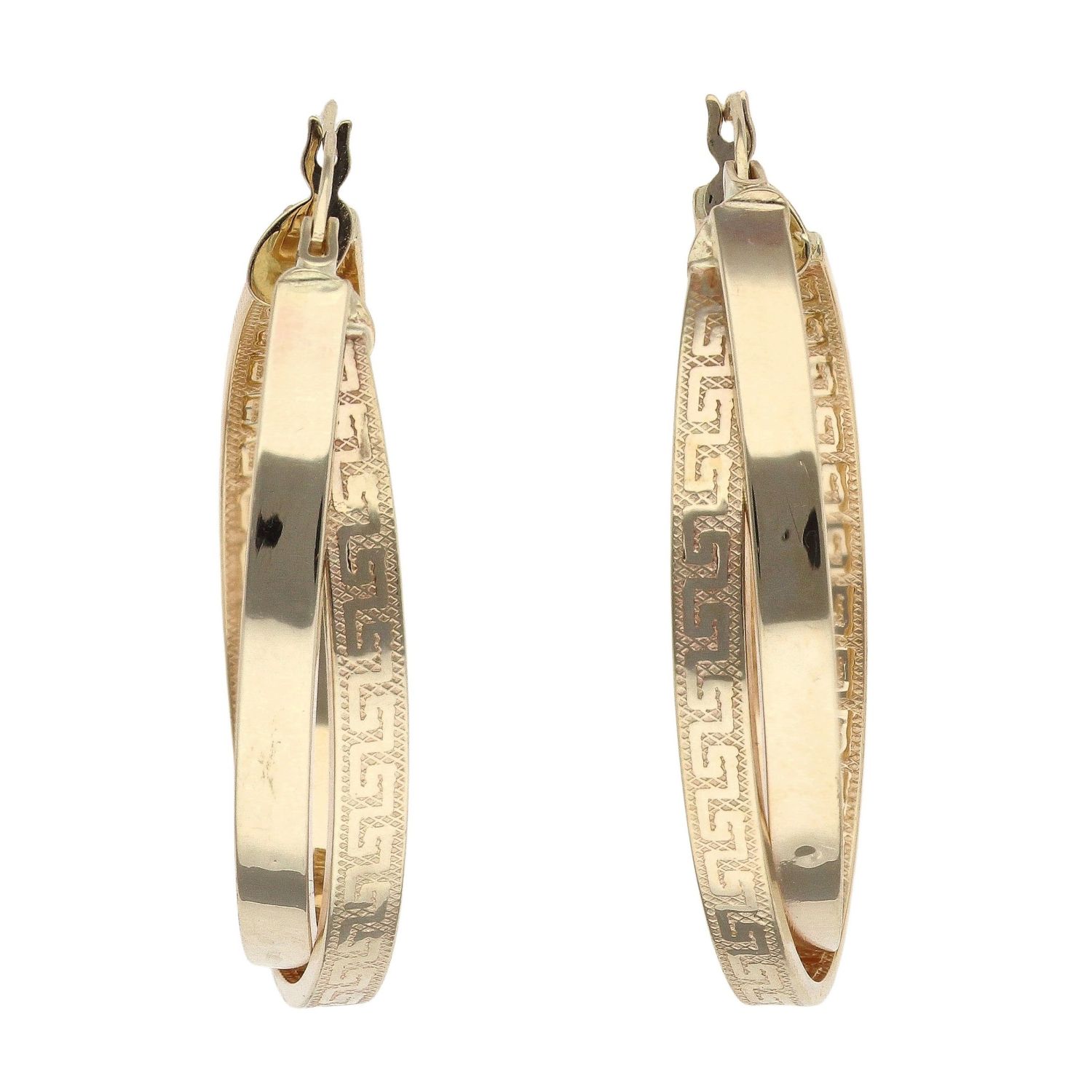 14k Yellow Gold Greek Key Hoop Earrings 17mm - Super Lite Hoop Style, Snap Closure, Signed, Gift Ready