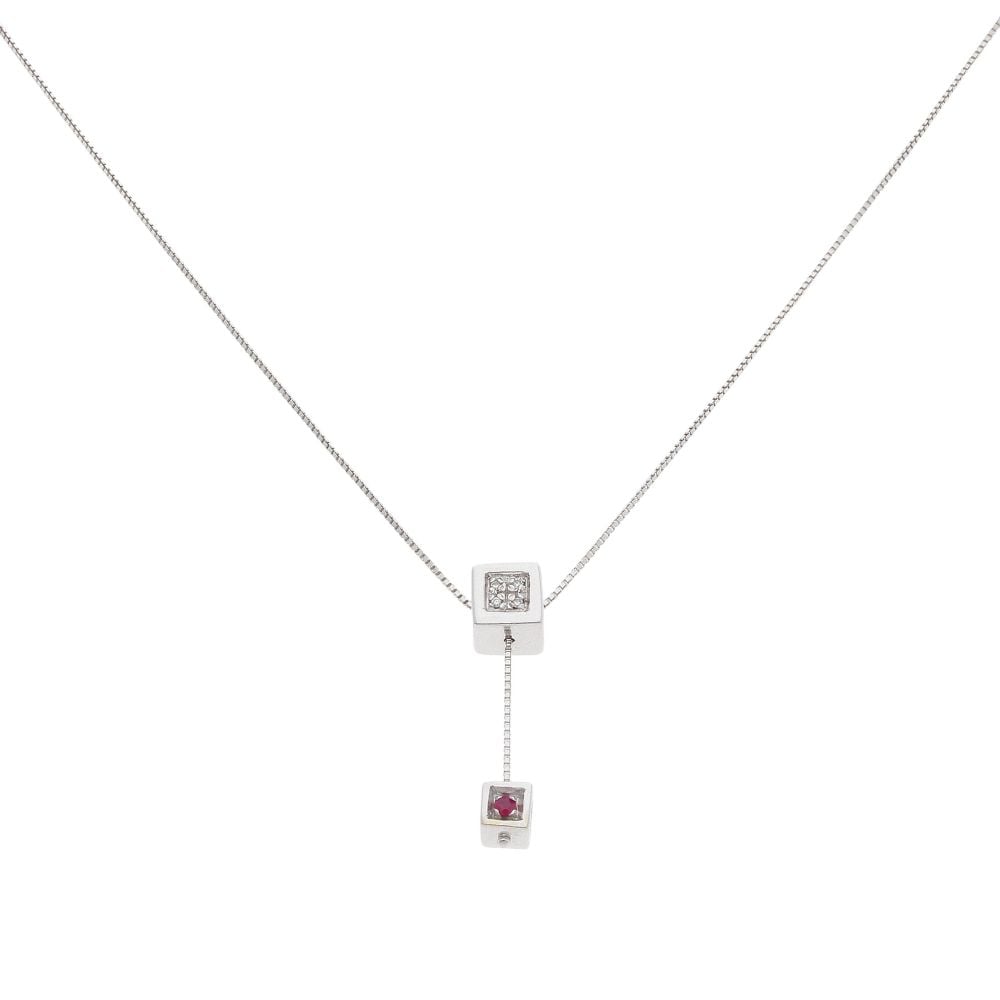 18ct White Gold 0.05ct Brilliant Cut Diamond And Ruby Cube Drop Pendant And Chain 16"