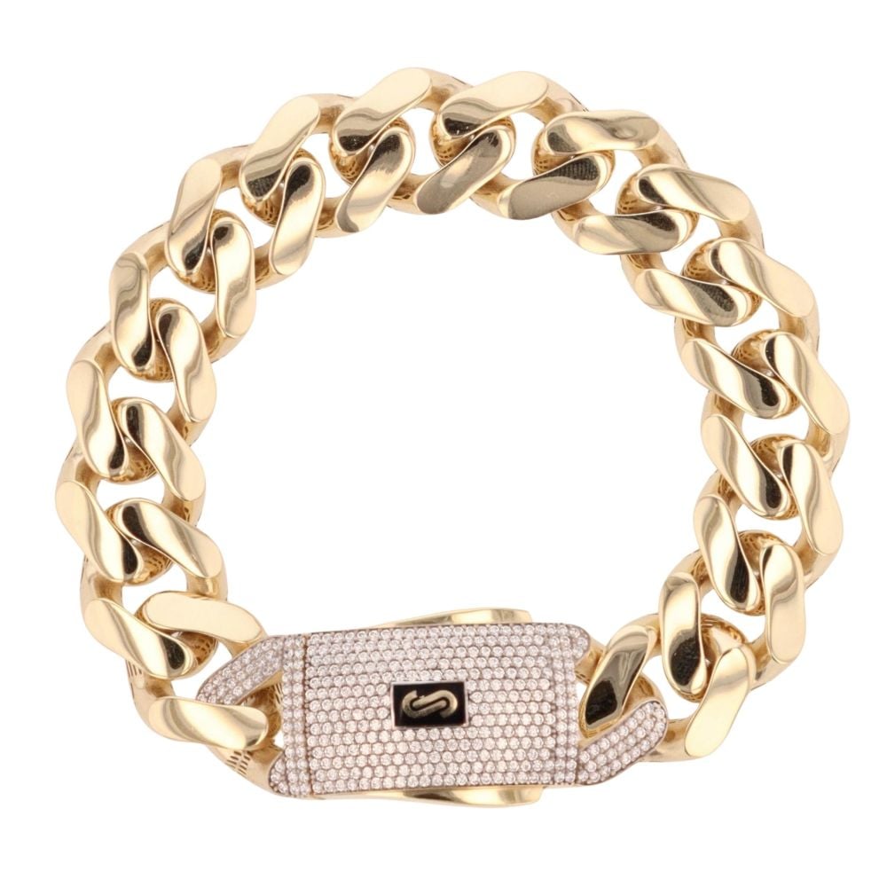 14ct Yellow Gold Monaco Curb Classic Cubic Zirconia Pave Lock Bracelet 8.5"