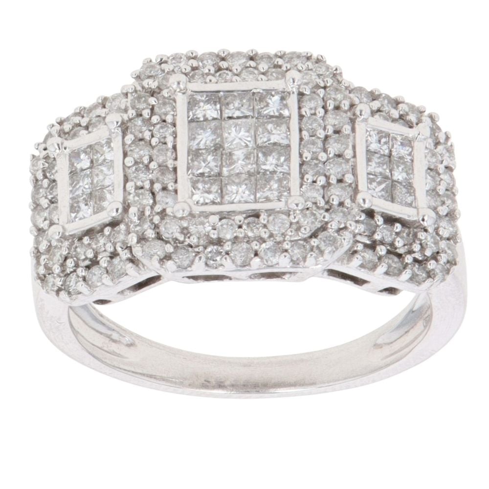 18ct White Gold 1.00ct Brilliant And Princess Cut Diamond Triple Cluster Ring