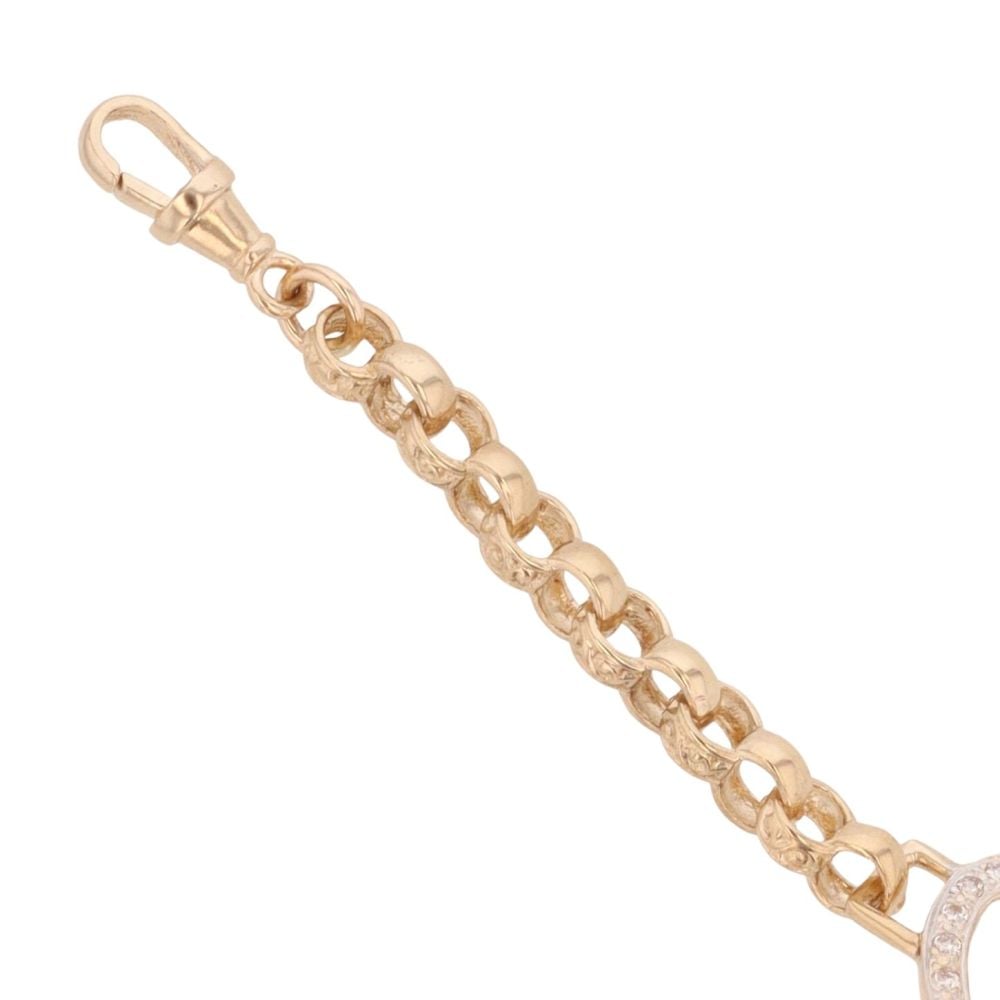 9ct Yellow Gold Cubic Zirconia Heart Patterned and Plain Belcher Bracelet 6"