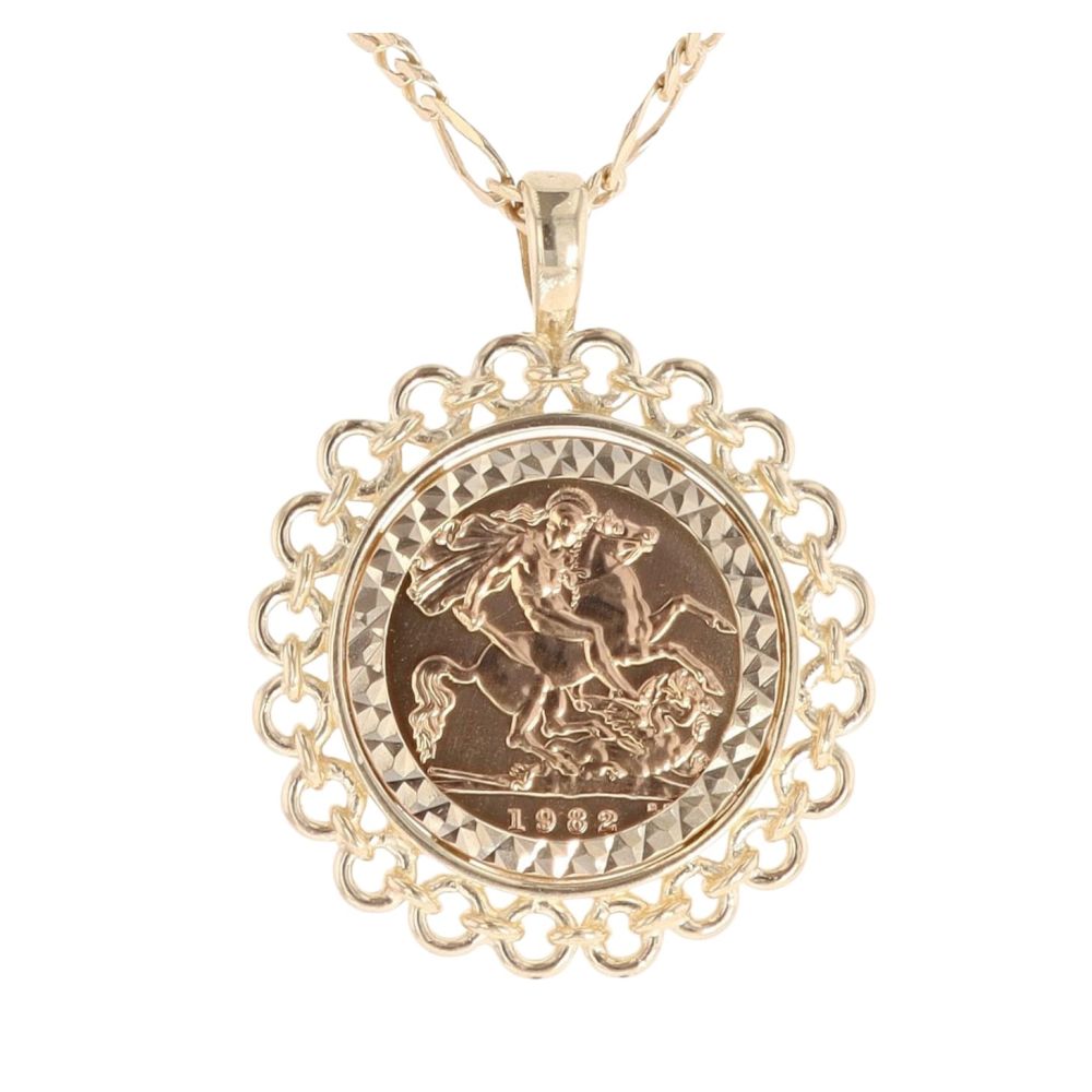 9ct Yellow Gold 1982 Elizabeth Half Sovereign Coin Pendant and Chain 20 ...