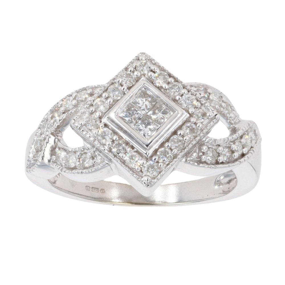 9ct White Gold 0.50ct Princess And Brilliant Cut Diamond Cluster Ring