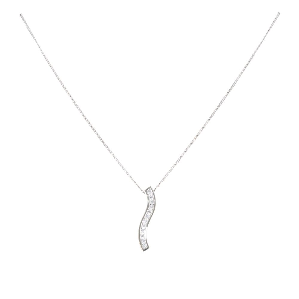 9ct White Gold Cubic Zirconia Wave Pendant And Chain 18"