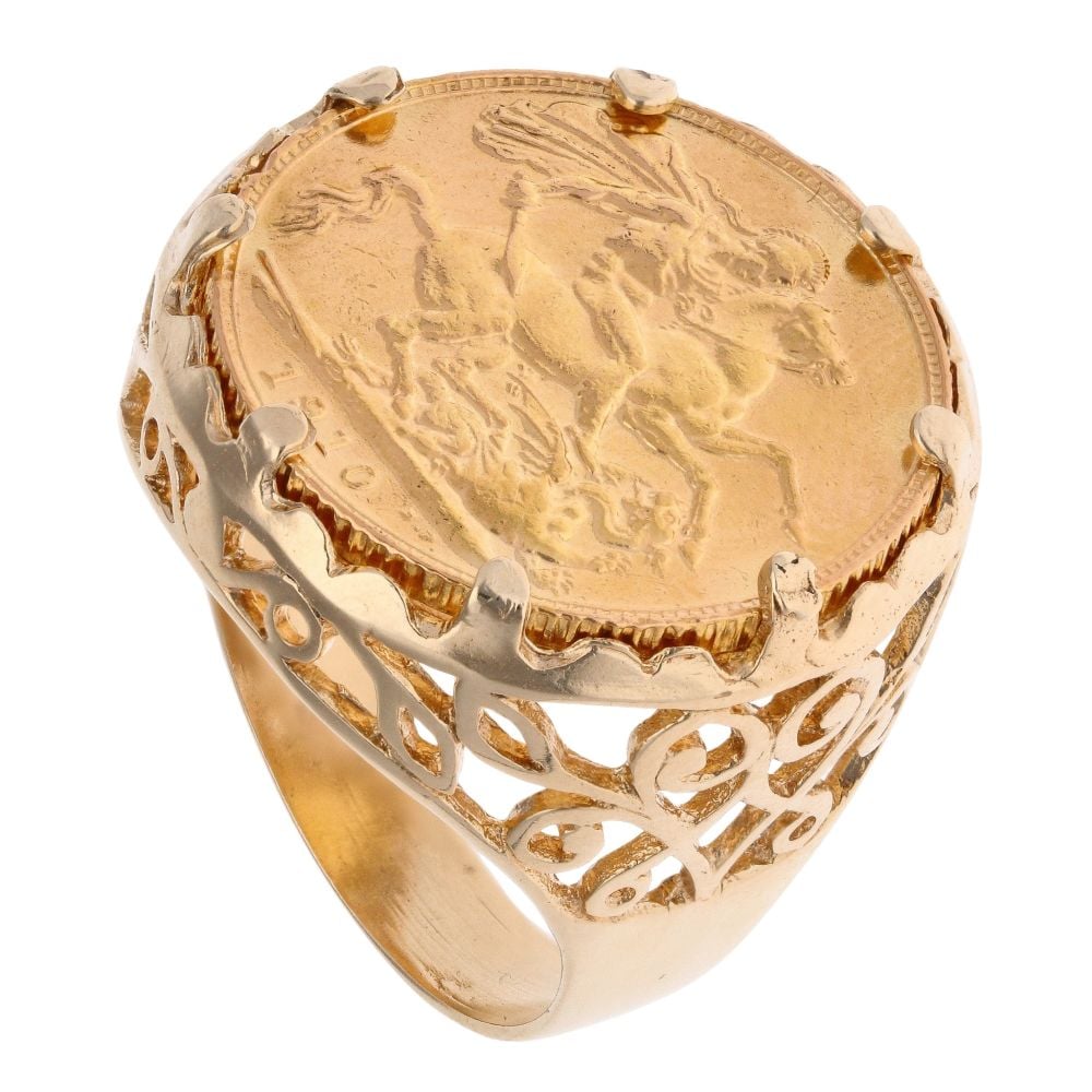9ct Yellow Gold 1910 Edward VII Full Sovereign Coin Ring