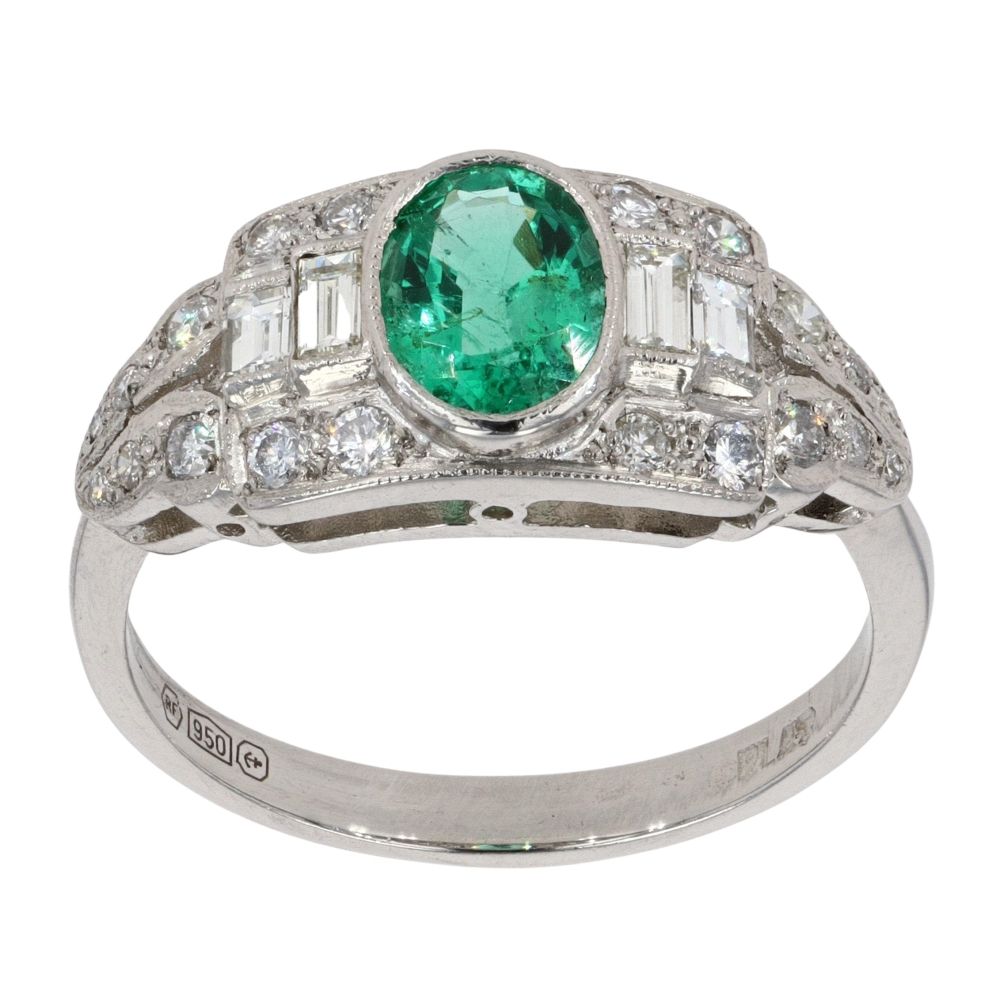 Platinum 0.70ct Emerald and 0.55ct Diamond Vintage Inspired Ring