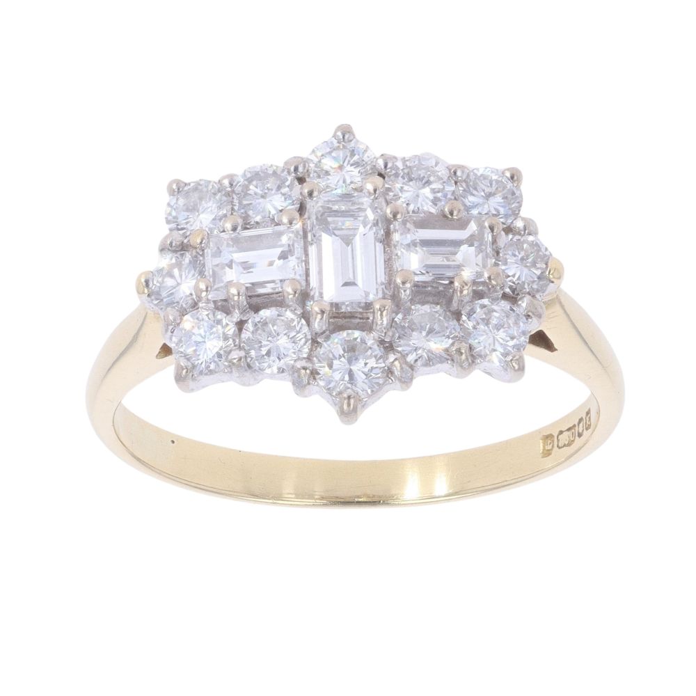 18ct Yellow Gold 1.50ct Brilliant And Baguette Cut Diamond Cluster Ring ...