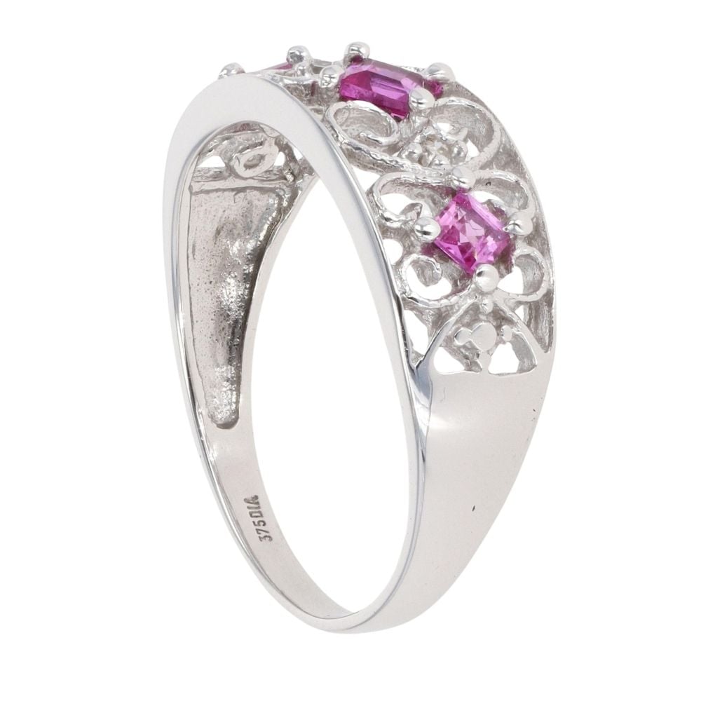 9ct White Gold 0.05ct Diamond And Created Ruby Ring