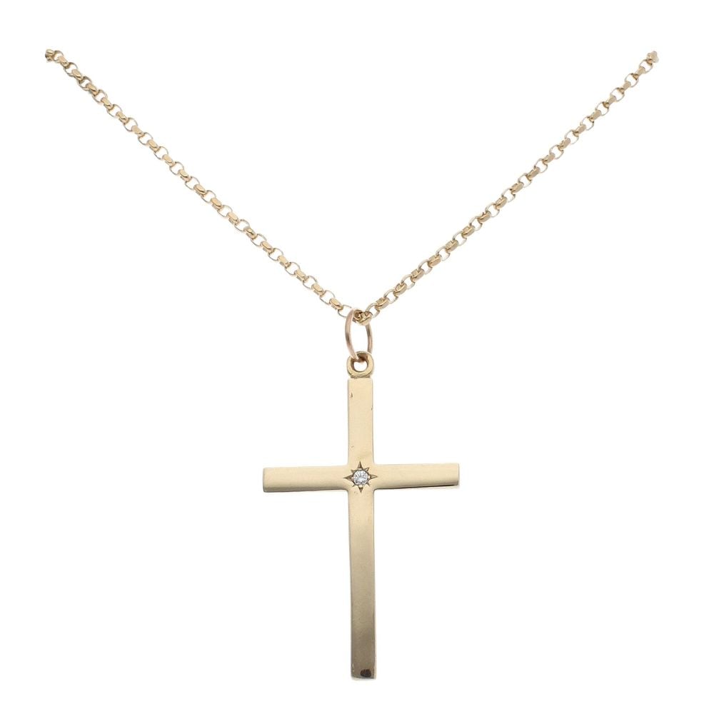 9ct Yellow Gold 0.10cts Diamond Cross Pendant And Chain 38"
