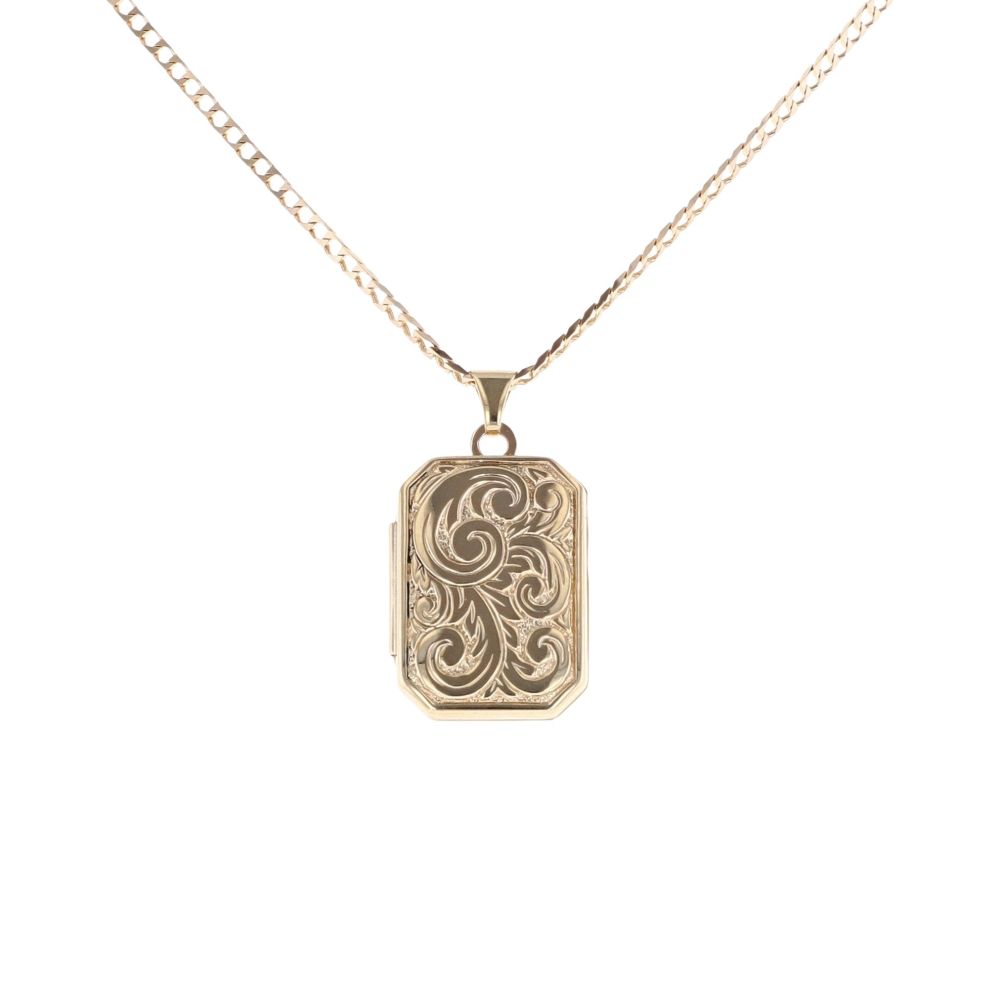 9ct Yellow Gold Patterned Square Locket and Curb Chain 20