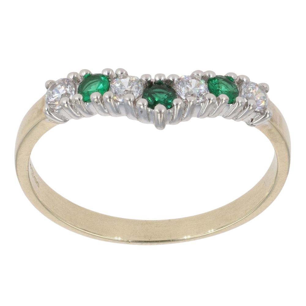 9ct Yellow Gold 0.20ct Diamond And Created Emerald Wishbone Ring