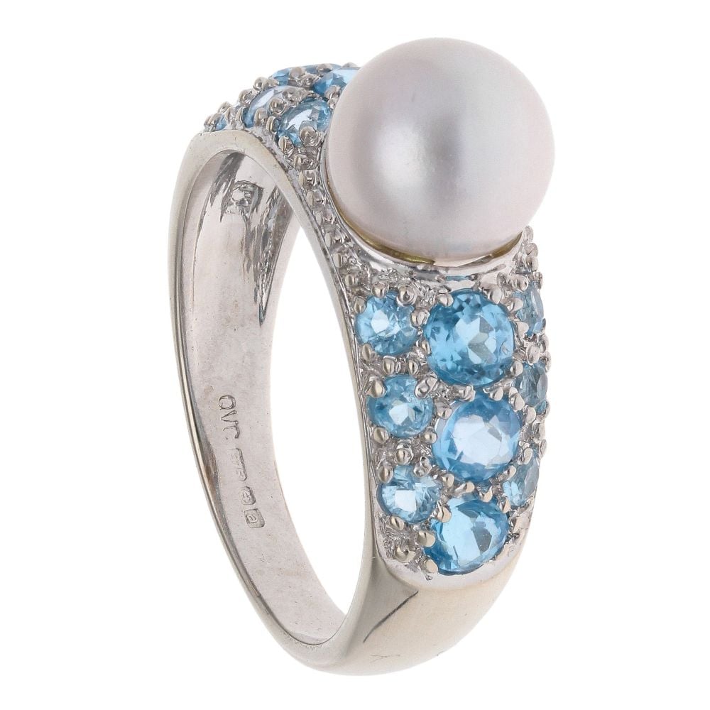 9ct White Gold Pearl And Blue Topaz Ring