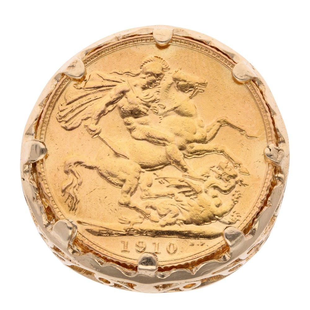 9ct Yellow Gold 1910 Edward VII Full Sovereign Coin Ring