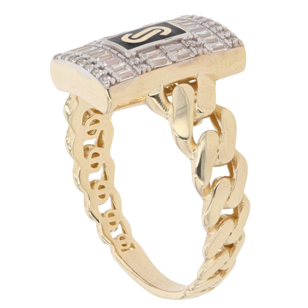 14ct Yellow Gold Monaco Classic Baguette and Brilliant Cut Cubic Zirconia Pave Signet Ring