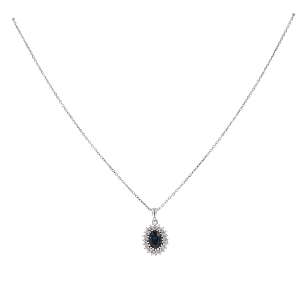 9ct White Gold Sapphire And 0.10ct Diamond Cluster Pendant and Chain 20"
