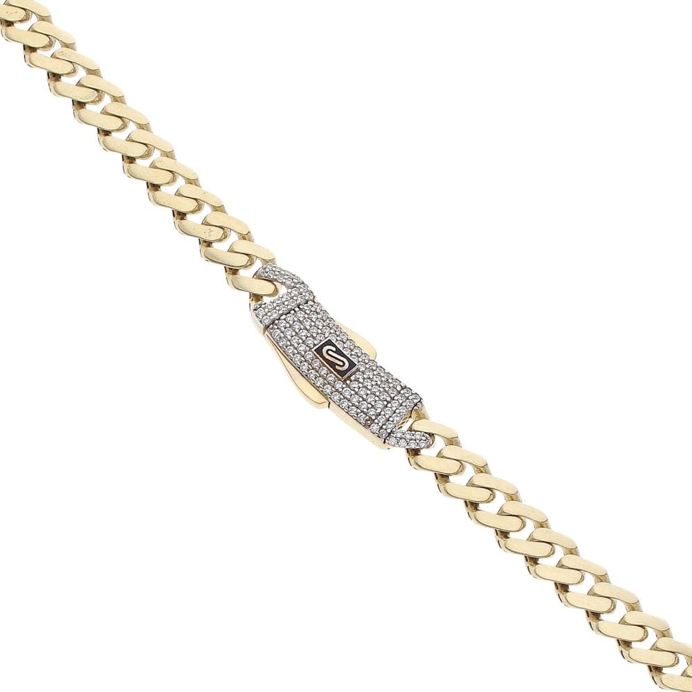 14ct Yellow Gold Monaco Classic Cubic Zirconia Pave Lock Curb Chain 18"