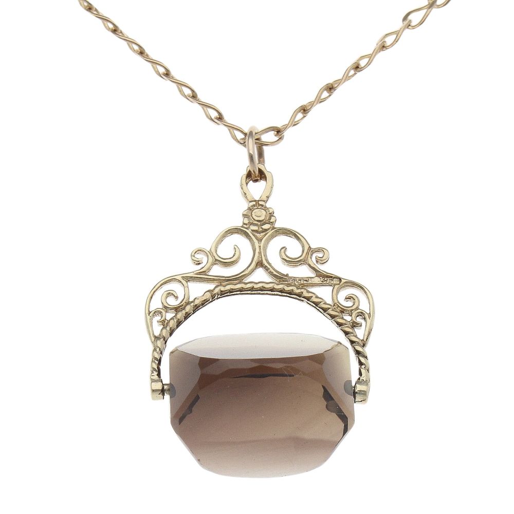 9ct Yellow Gold Smoky Quartz Fob Pendant and Curb Chain 24