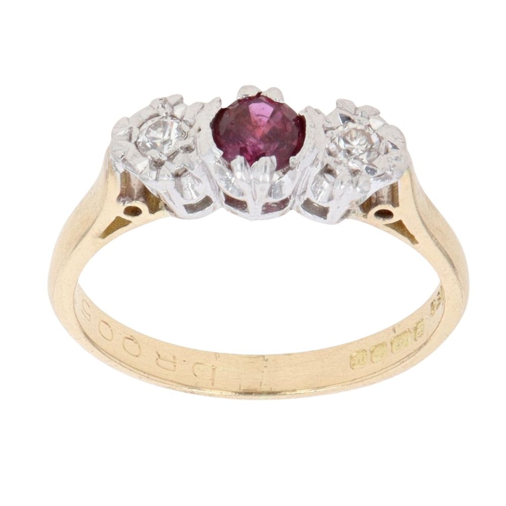 18ct Yellow Gold 0.10ct Diamond And Ruby Three Stone Ring ...