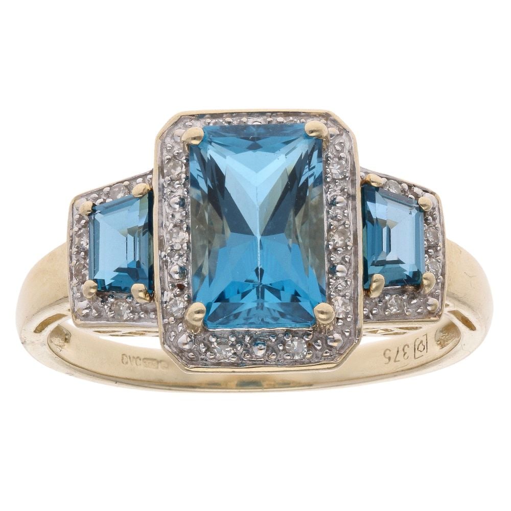 9ct Yellow Gold 0.10ct Diamond And Blue Topaz Triple Cluster Ring
