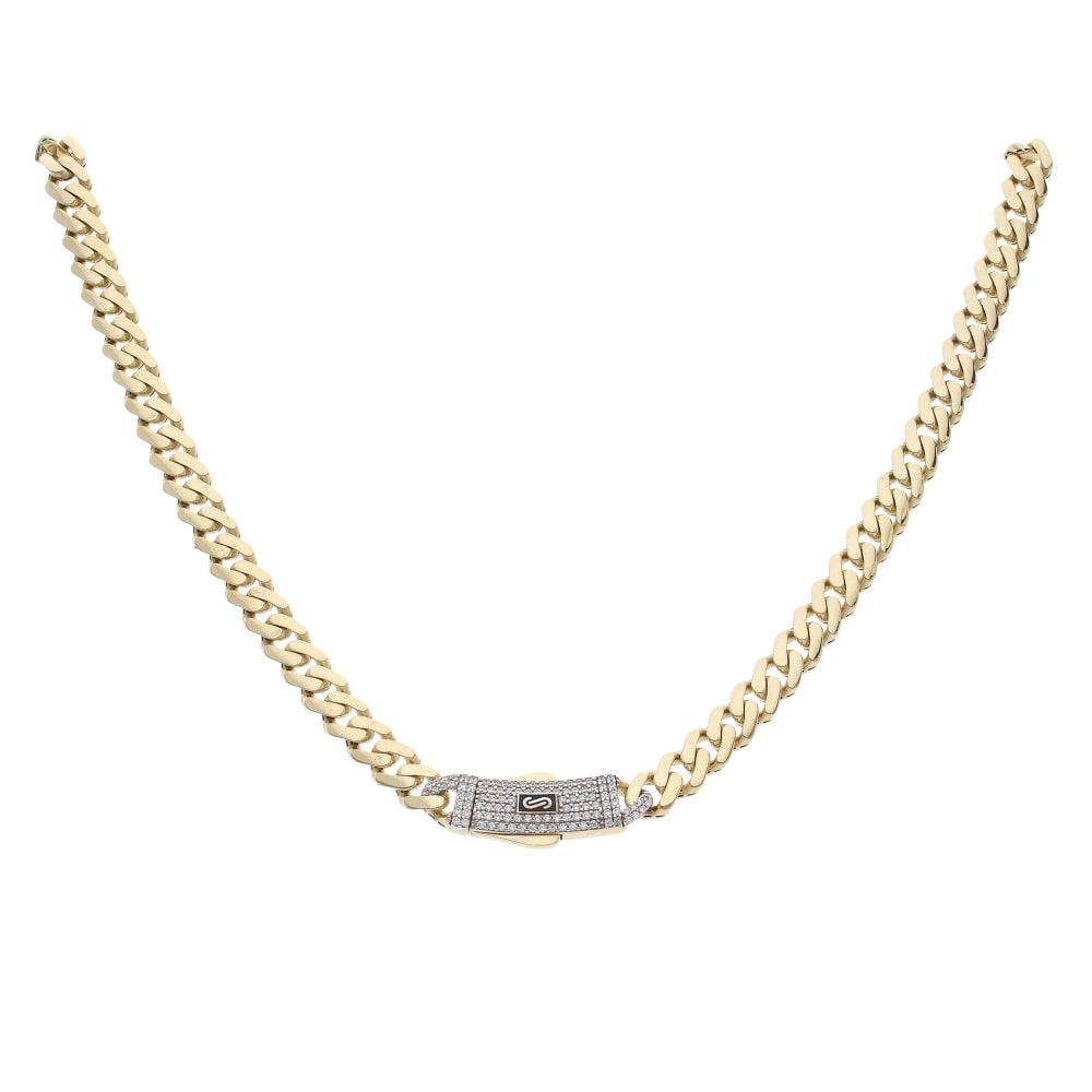 14ct Yellow Gold Monaco Classic Cubic Zirconia Pave Lock Curb Chain 18"