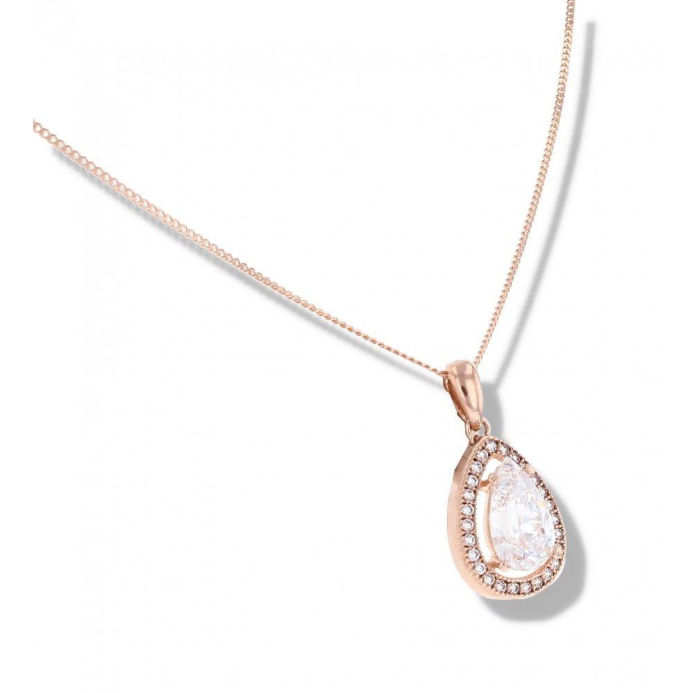 9ct Rose Gold Pear Shape Crystal Pendant And 16" Chain