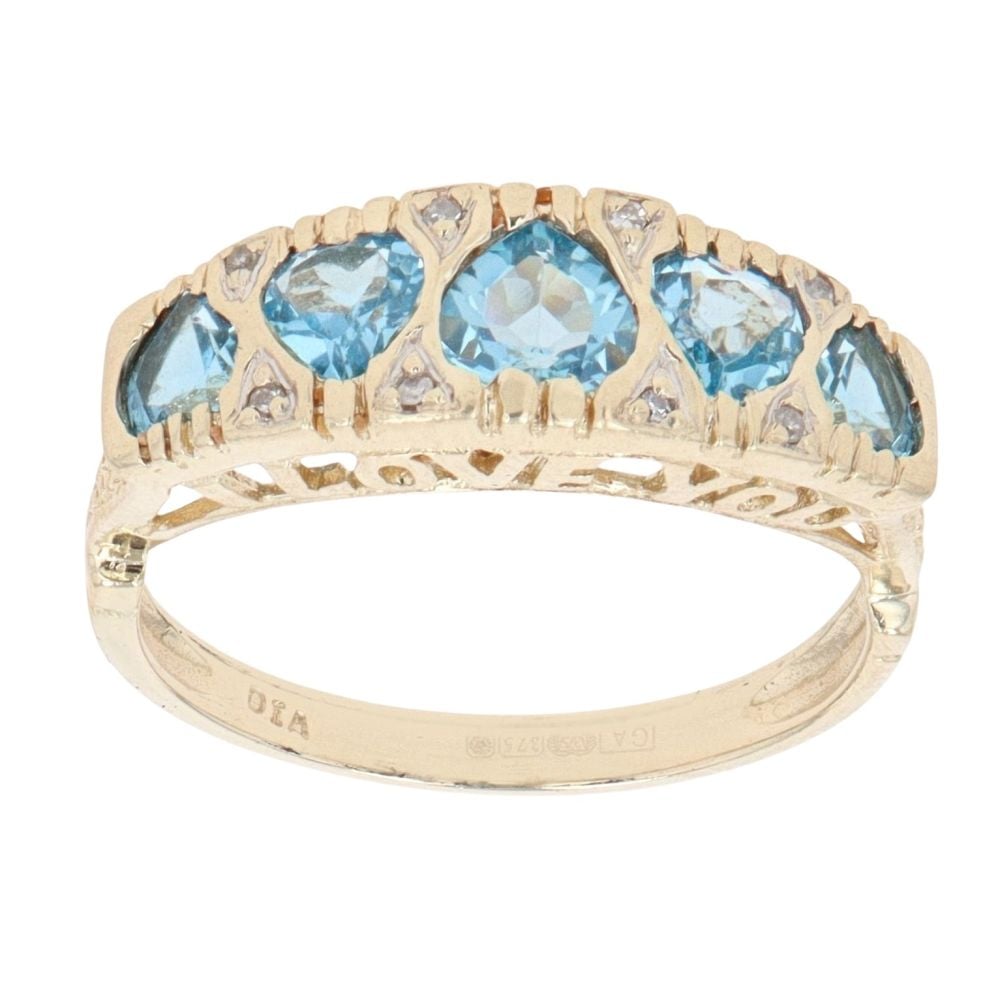 9ct Yellow Gold 0.04ct Diamond and Aquamarine Heart Ring