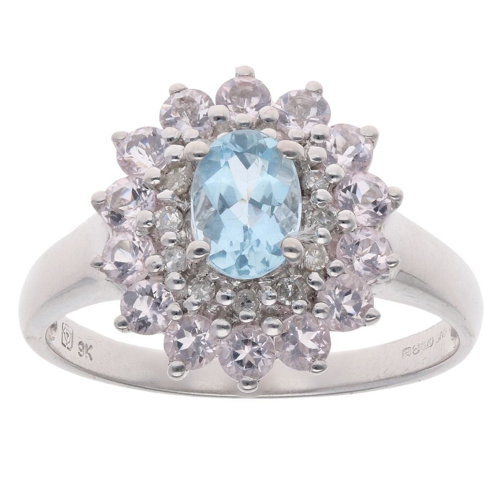 9ct White Gold Cubic Zirconia and Aquamarine Cluster Ring