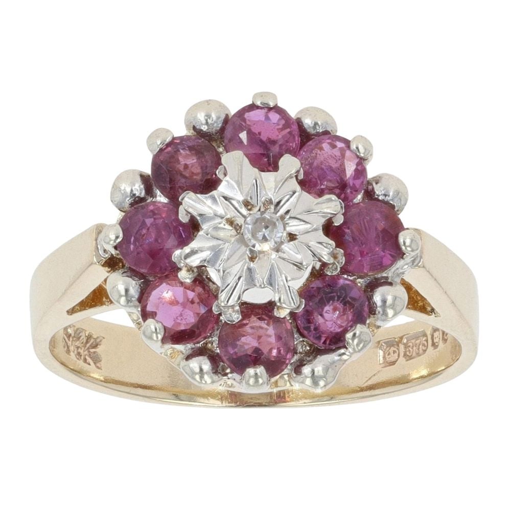 9ct Yellow Gold 0.02ct Diamond and Ruby Cluster Ring