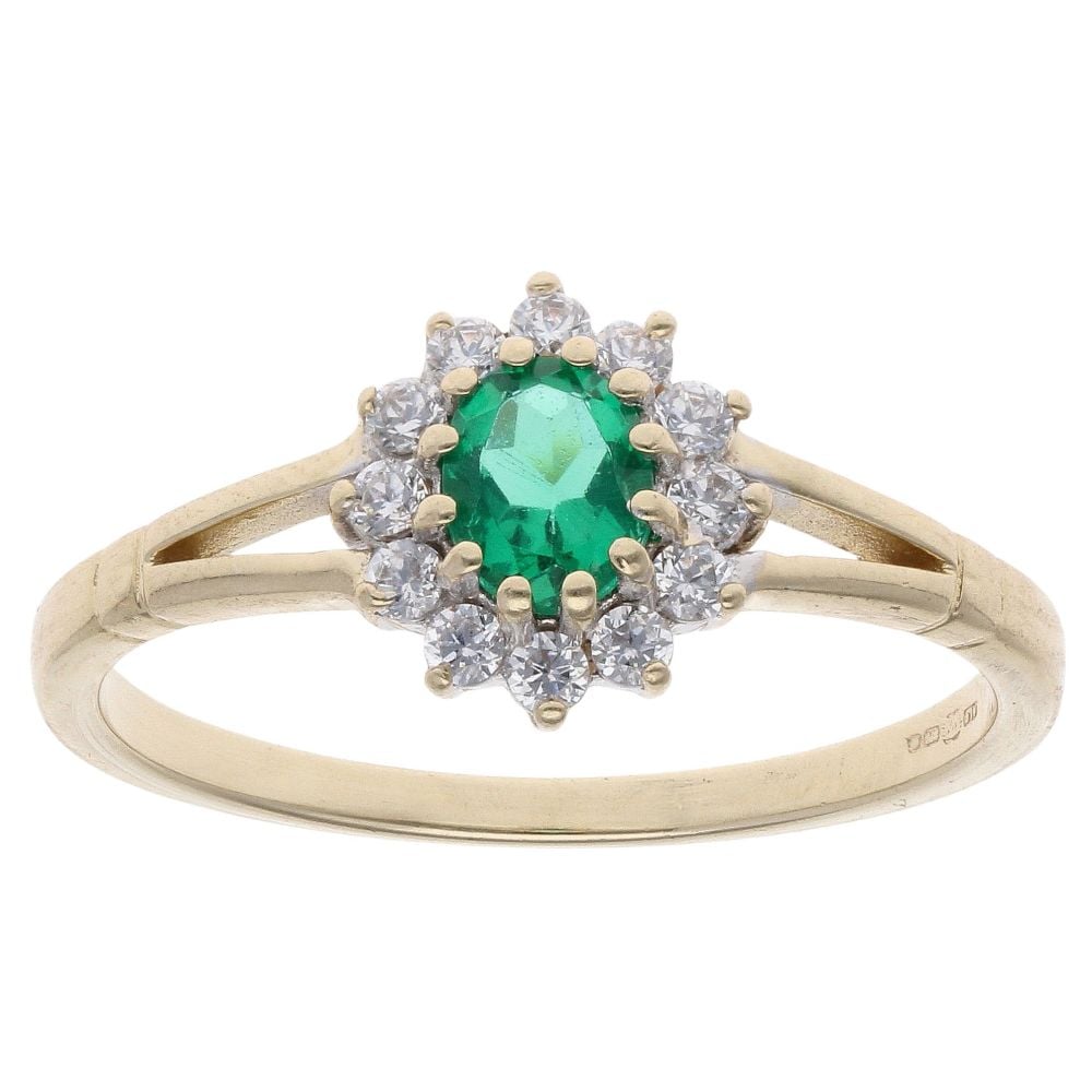 9ct Yellow Gold Created Emerald And Cubic Zirconia Cluster Ring