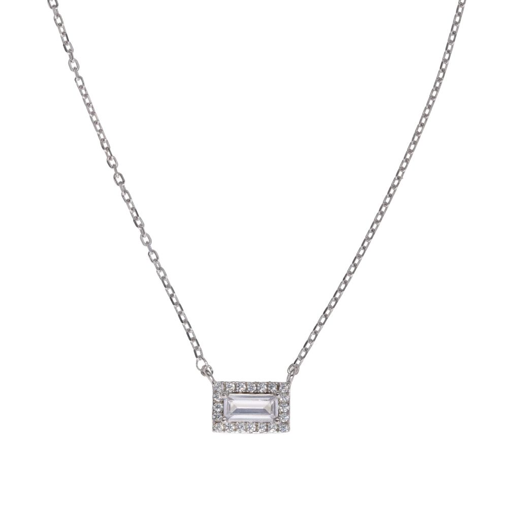 Silver Cubic Zirconia Rectangular Pendant and Chain 18"